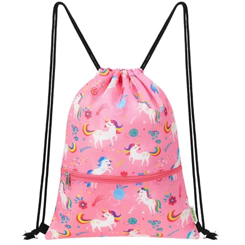 WAWSAM Turnbeutel Kinder Einhorn Rucksack mit Kordelzug für Mädchen Wasserdichte Sportbeutel für Sport und Strand Schwimmtasche kinder mit Reißverschlusstasche für Geburtstag Geschenk