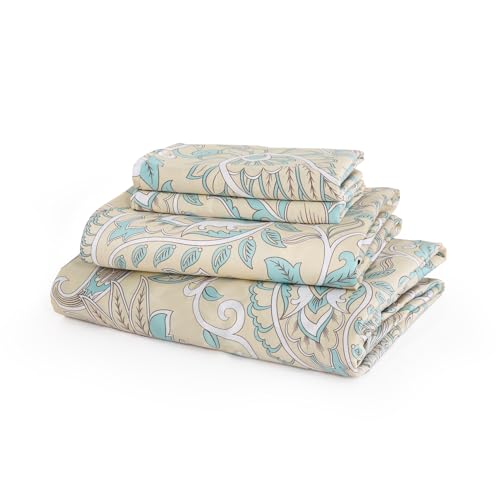 JSD 100% Cotton Sheet Set Full, Vintage Beige Paisley Sateen Sheets