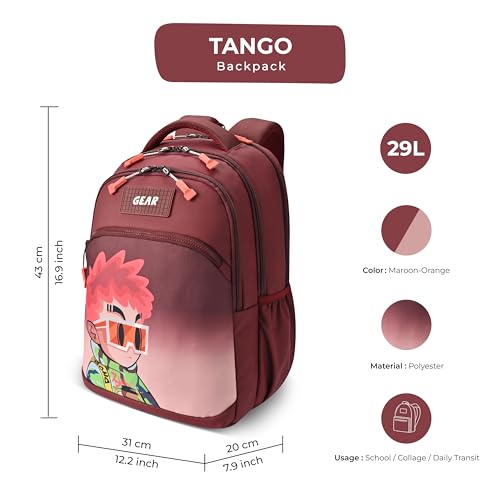 Image of Gear Tango Backpack 17 inch /29L Medium Water Resistant School Bag /Casual Backpack /Daypack /Kids Bag for Boys /Girls (Maroon-Orange)