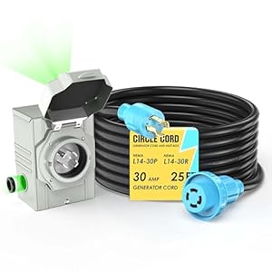 CircleCord 4 Prong 25 Feet 30 Amp Generator Extension Cord and Inlet Box with Locking Connector, Heavy Duty NEMA L14-30P/L14-30R, 125/250V 7500W 10 Gauge SJTW Generator to House Power Cord