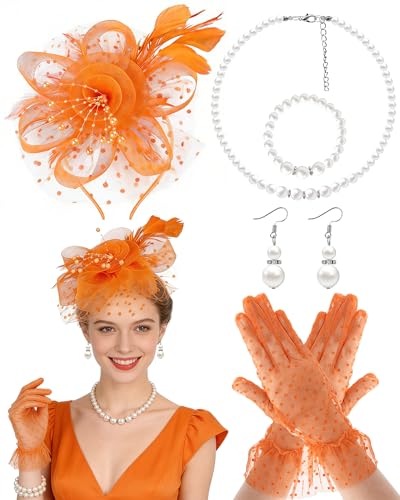 Bniksok 1920s Orange Fascinators Hat Set for Women Tea Party Headband Lace Gloves