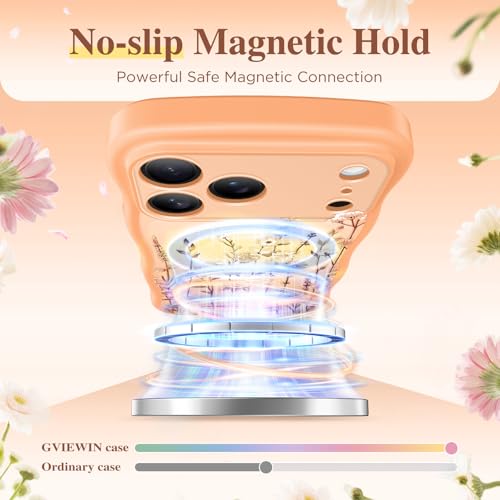 GVIEWIN for iPhone 17 Pro Case Compatible with MagSafe [Curly Wave Edge][Full Camera Protection] Floral Translucent Shockproof Magnetic Women Phone Case for iPhone 17 Pro 6.3'', Floratopia/Orange by GVIEWIN - Image 2