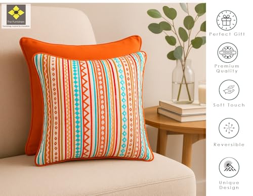 Image of Pack of 1 Reversible 24x24 Inch Boho Orange Cotton Woven Fashion Throw Pillow Covers Cases for Couch Sofa Home Decoration | 60 x 60 cm