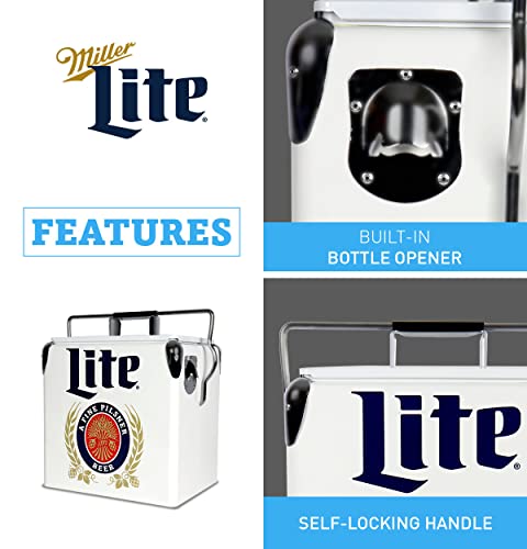 Miller Lite Retro Ice Chest Cooler With Bottle Opener 13L (14 Qt), 18 Can Capacity, Blue And Red, Vintage Style Ice Bucket For Camping, Beach, Picnic, Rv, Bbqs, Tailgating, Fishing #TOP3