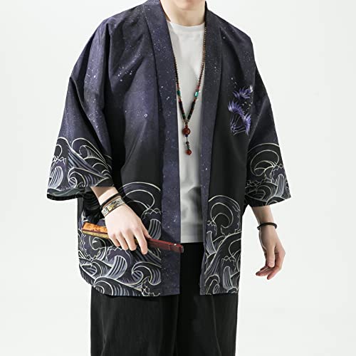 Image of Men's Japanese Kimono Robe Jacket Lightweight 3 /4 Sleeve Open Front Yukata | Silky Smooth Fashion Print Happi Coat Lightweight Breathable Loose Unisex Haori Casual Summer Cardigan Daily Beach Vacation