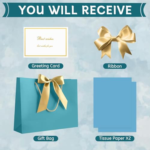Image of JMANNI Gift Bags with Handles, 13 inch Medium Gift Bag for Presents, 1 Pcs Bags with 2 Tissue Paper and 1 Cards for Baby Shower Wedding Bridal Shower Mother's Day Birthday Party (Bule