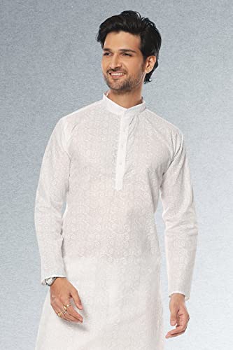 Indian Pakistani Men's White Tunic Cotton Chikankari Party Festive Ethnic Wear Kurta Pajama Dress Set3