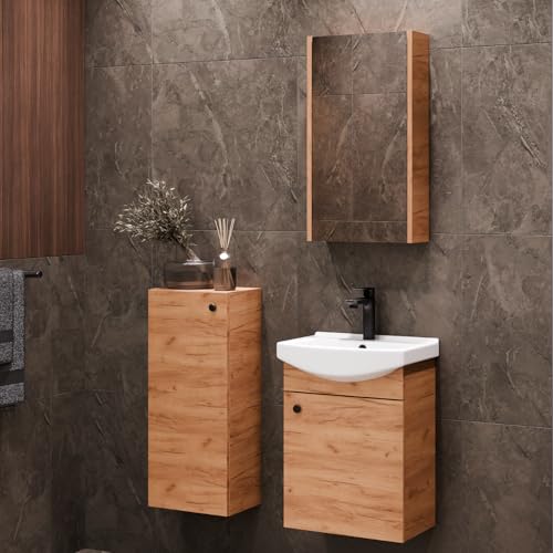 Planetmöbel Badmöbel Set Waschtisch mit Unterschrank 45 x 60 x 33 cm mit Spiegelschrank 40 cm & Midischrank für Badezimmer, Gäste WC & Bad, Gold Eiche