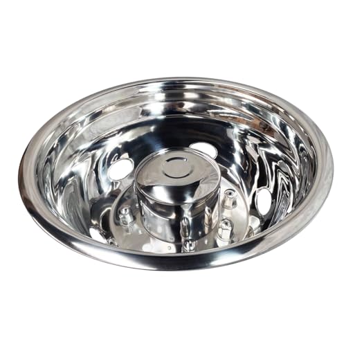 Image of 19.5 inch Polished 304 Stainless Steel Dually Wheel Simulators, 4pcs | Front & Rear, 8 Lug 5 Hand Hole, Bolt On Hub Caps, For 1999-2004 Ford F450 F550 Super Duty, Wheel Covers with Install Tools