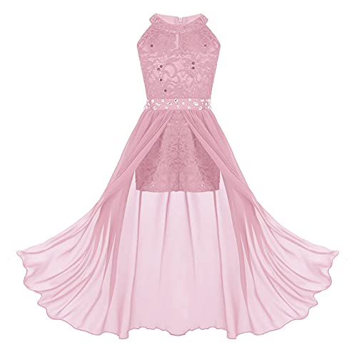 Linjinx Kids Floral Lace Flower Girls Dress Halter Neck Jumpsuit with Chiffon Skirt Wedding Party Pageant Evening Dress Pink 12 Years