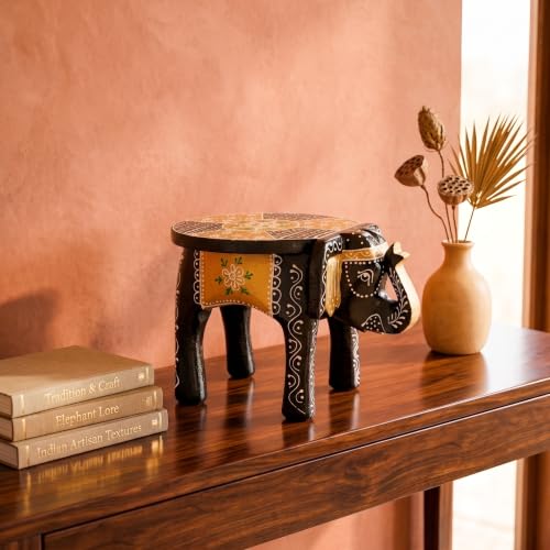 Image of JH Gallery Handcrafted & Hand-Painted Wooden Elephant Decorative Stool, Small Side Table for Living Room, Bedroom, Office & Home Decor, Multipurpose Accent Table (20 cm, 8 Inch)