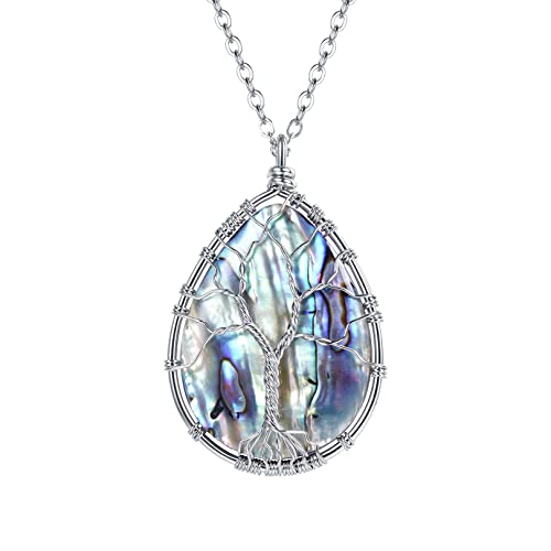 FOCALOOK Stainless Steel Wire Wrapped Tree of Life Abalone Necklaces Handmade Costume Jewelry Long Necklaces for Women (Send Gift Box)