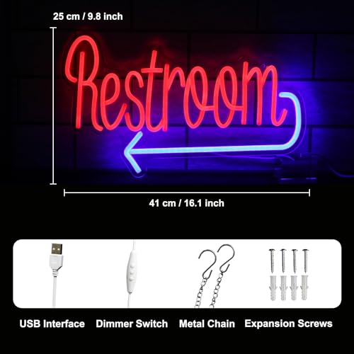 Image of Restroom with Arrow Neon Sign Toilet LED Lights for WC Bar Restaurant Decor | Dimmable Neon Bathroom Sign, Prominent Acrylic Directional Signs, Red Blue Washroom Neon Light, USB Powered, Easy to Hang