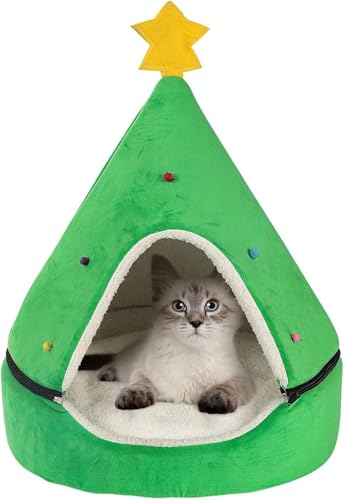 YIJOFU 猫ハウス クリスマス 猫小屋 犬小屋 ふわふわ 猫 ベッド 秋冬 ペット キャットハウス 休憩所 折りたたみ式 洗える 柔らか 暖かい 防寒 室内用 チワワ うさぎ 小型犬 (クリスマスツリー,M-50*43cm)