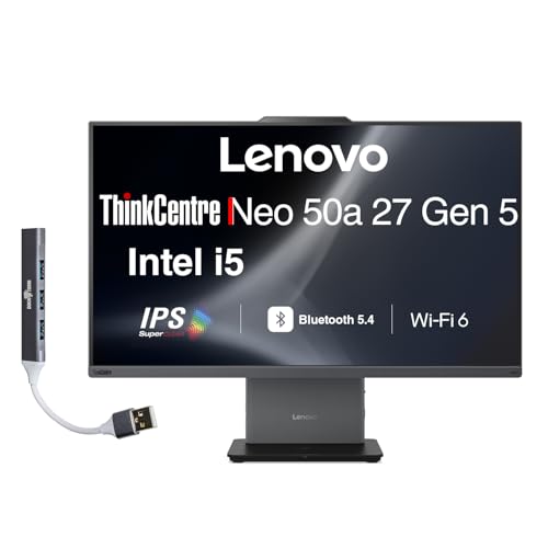 Image of Lenovo ThinkCentre Neo 50a Business All-in-One 27 inch IPS FHD Display (Intel i5-13420H, 16GB DDR5, 1TB PCIe SSD, Intel UHD, WiFi 6, Webcam, Bluetooth 5.4, Win 11 Home) w /DKZ USB Port Expander