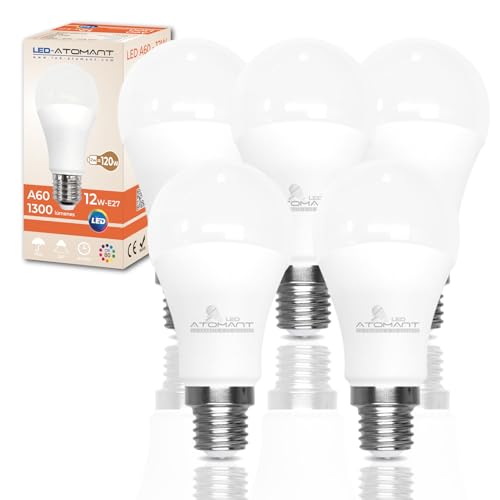 LED ATOMANT Pack 5x Bombilla LED E27 A60 12W, Color Blanco Neutro (4500K), 1300 Lumenes, Casquillo grueso, Equivalente a 120W tradicional, No regulable