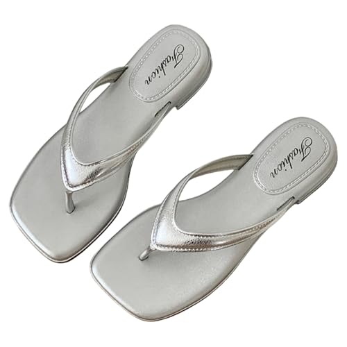 Sandalias de goma para mujer, de piel suave, sin cordones, para verano, a la moda, puntera abierta, ajuste ancho, para playa, informales, transpirables, para caminar, Silver, 37 EU