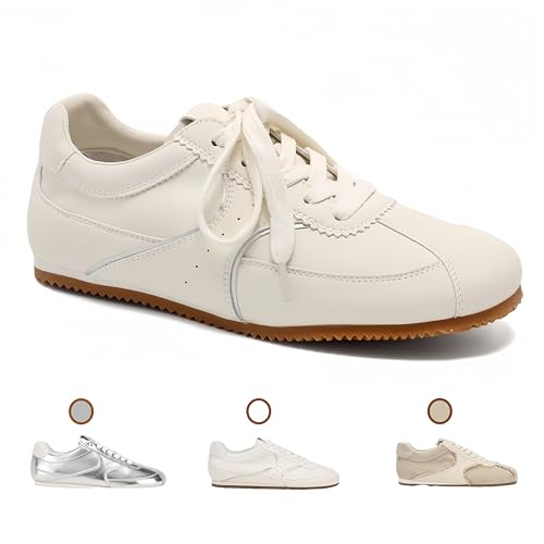 Women's German Trainer Sneakers - Retro Minimalist Leather/Linen Upper Non - Slip Flat Sole, Casual Tennis Shoes