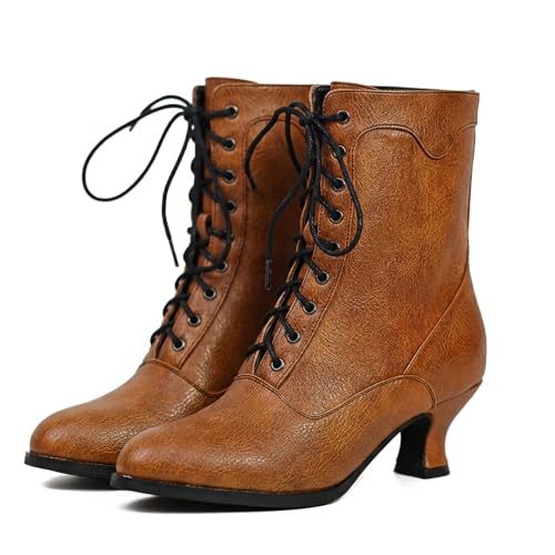 Image of Women's Victorian Ankle Boots - Mid Calf, Round Toe, Black Boots with Chunky Heel & Lace Up Detail