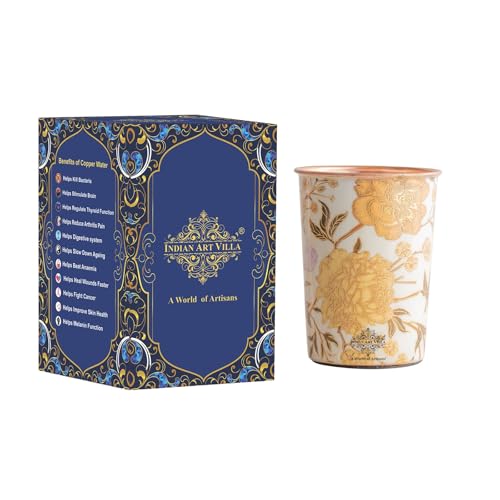 Image of INDIAN ART VILLA Copper Gold Flower Print Glass - 275 ML, Handcrafted Ayurvedic Copper Drinkware for Daily Use, Elegant Water Glass for Home, Office, and Special Gifting, Set of 1