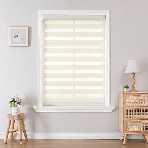 Joydeco Cordless Zebra Blinds for Windows, Dual Layer Light Control Window Blinds with Light-Proof Aluminum Cover, Free-Stop Roller Shades for Home & Office (Beige,72" W x 75" H)