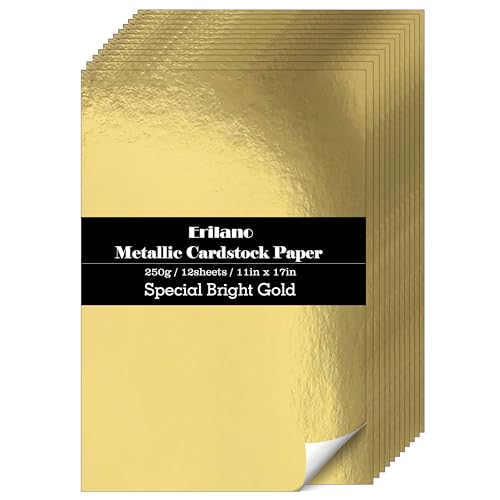 Erilano Gold Cardstock Paper 12 Sheets, 11x17 inch Large Format Premium 92lb/250GSM Metallic Mirror Finish for Wedding Invitations, Posters, Card Making, Certificates, Scrapbooking 