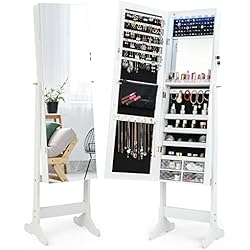COSTWAY Armario para Joyas de Pie, Joyero Espejo con Cerradura, Cajones de Acrílico, Espejo Interior, Bandeja para Lápices Labiales, con Luz LED y Almacenamiento para Joyas(Estilo 2)
