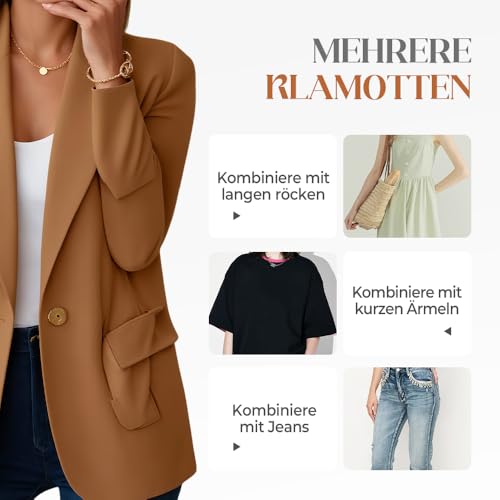 Women's Minimalist Solid Button Lapel Collar Blazer, Long Sleeve Slim Fit Work Office Jacket with Pockets3