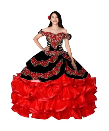 2025 Gold Embellishment Red African Flowers Embroidery 2 in 1 Ball Gown Quinceanera Dresses Off Shoulder Prom Sweet 15 16