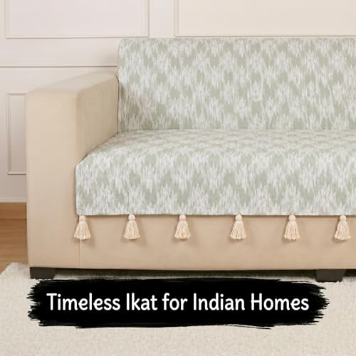 Image of STITCHNEST 'Verdant Ikat Stories' 3 Seater Sofa Cover - Full Coverage| Elegant Jacquard Fabric, Decorative Tassels, Washable & Durable for Modern Living
