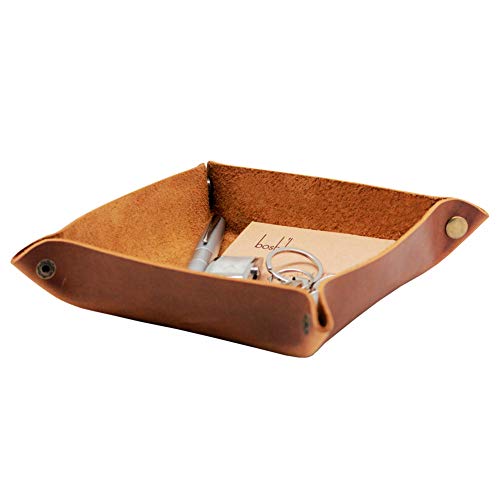 Image of boshiho Valet Tray for Men, Leather Jewelry Catchall Key Phone Coin Box Change Caddy Bedside Storage Box (Crazy Horse Leather - Light Brown)