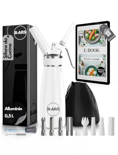 B-ARS Sifone Da Cucina Professionale 500ML In Alluminio BIANCO Con Bocchette Acciaio E Plastica Pulizia Facile Accessori Inclusi Per Spume Panna Montata Dolci E Salate Mousse Decorazioni