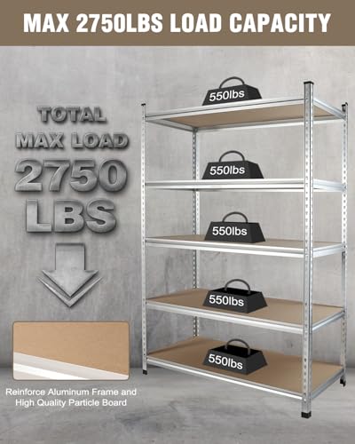 Image of WORKPRO 5-Tier Aluminum Alloy Shelving, 48 inchW x24 inchDx72 inchH, 2750LBS Capacity | Durable Aluminum Alloy, 2750LBS Load Capacity, Adjustable for workshop, garage, 3D printer station