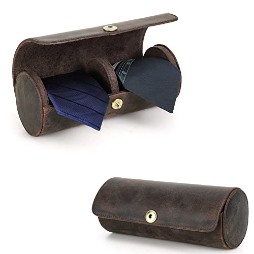 Hiram Caja de almacenamiento de corbatas, de piel auténtica, organizador de corbatas portátil para viajeros de negocios, 4005-café, 2 Ties, Estuche para corbata