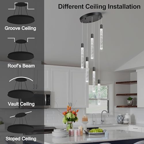 Image of 6 Light Pendant Lights,LED Bubble Crystal Pendant with Dimmable,Black