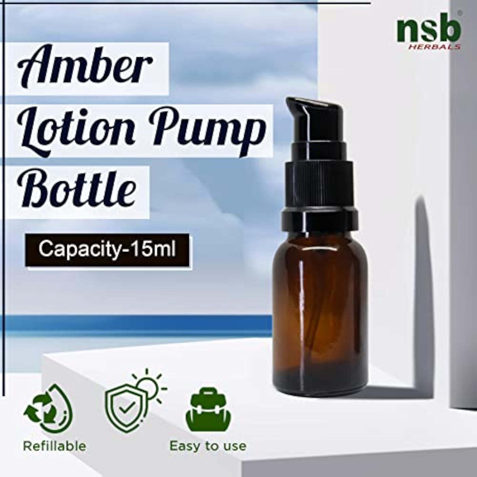 15 ML Amber Color Round Glass Bottle with Lotion Pump