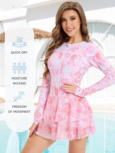 Womens Rash Guard Long Sleeve UPF 50+ Zip Up One Piece Swimsuits with Shorts Modest Swim Dress with Built in Bra4