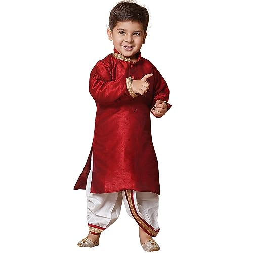 AJ DEZINES Kids Silk Blend Full Sleeve Solid Maroon Dhoti Kurta S...