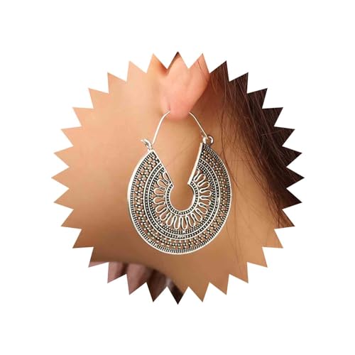 Yienate Boho Filigrana Grande Gota Festoneada Pendientes Vintage Tribal Étnico Hueco Tallado Pendientes De Plata Gitana Declaración Floral Pendientes De Boda Prom Joyería Para Las Niñas