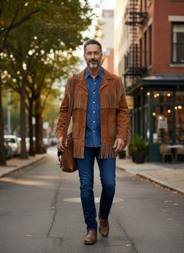 Image of Men's Suede Fringe Jacket Western Cowboy Style Genuine Leather Coat with Button Closure, Black Brown Cognac