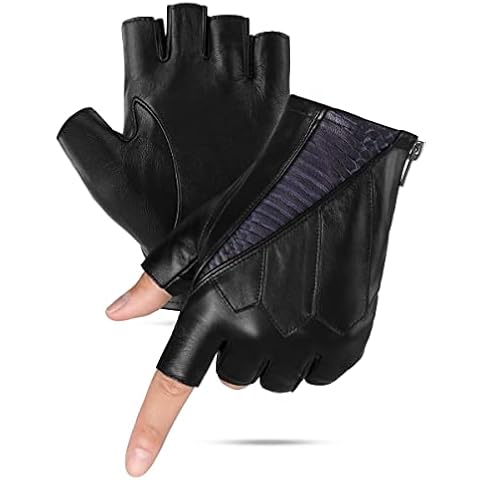 GSG Men's Genuine Leather Fingerless Gloves Half Finger Sheepskin Gloves Unlined Black-Blue X-Large Cover