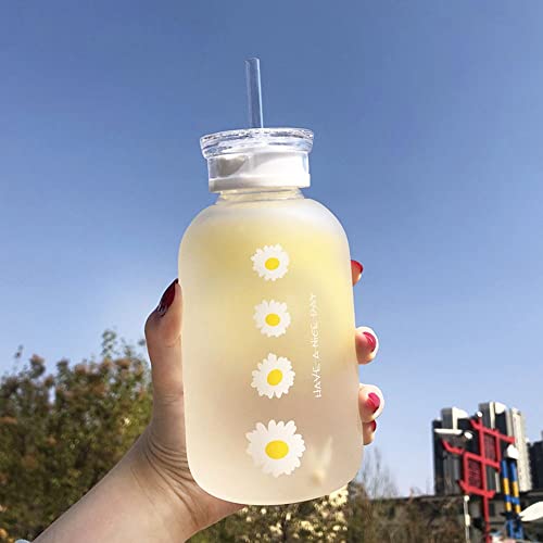 Glazen fles Leuke Melk Sap Cup Bloem Daisy Stro met Schaal Drinkflessen (B, Transparant) - Image 8