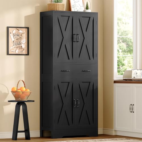 Image of TEENFON Tall Storage Cabinet with 2 Adjustable Shelves & 1 Large Drawer, Kitchen Pantry Cabinet with 4 Doors, Bathroom Storage Cabinets, for Living Room, Kitchen, Bathroom, Black