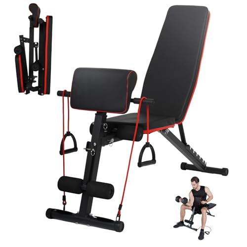 JINPALAY Banco de Pesas Musculación 2 en 1, con Banco Scott de Cambio Rápido, Respaldo con 6 Posiciones, Carga 250 kg, 2 Bandas y Asas – Ideal para Gimnasio en Casa