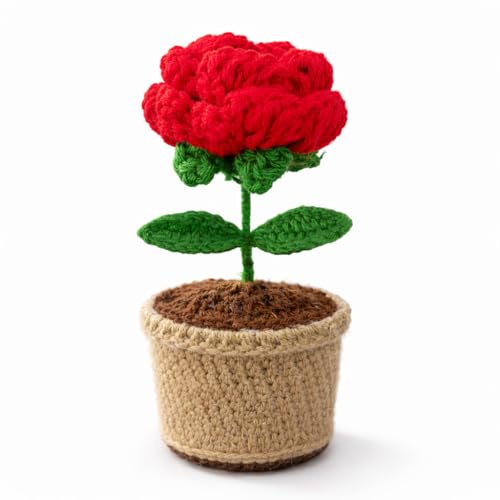 Image of Handcrafted Crochet Flower Pot | 7 Inch Handmade Wool Flower Plant | Premium Soft Yarn Decor | Cute Desk & Home Decoration | Unique Gift for Birthday, Anniversary & Valentine (Red Rose)