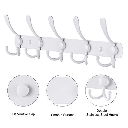 Oyydecor Wall Mounted Coat Rack, 5 Tri Hooks Heavy Duty Stainless Steel Coat Hook Rail for Coat Hat Towel Purse Robes (White) - Thumbnail 4