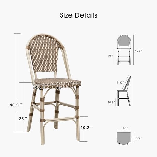 Image of PURPLE LEAF French Counter Height Bar Stool Set of 4 White Print Finish Patio Bar Stools with Back Rattan Bar Chairs Wicker Bar Height Stool 25 inch with Footrest Outdoor Barstool Brown