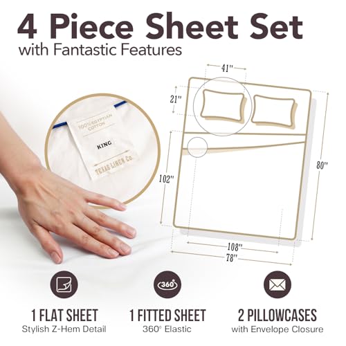Image of TEXAS LINEN CO. 100% Egyptian Cotton Sheets King Size - 2000 Series Luxury King Bed Sheet Set, Silky Soft Cooling Sateen Weave, 17 inch Extra Deep Pocket Hotel Collection Sheets (4 Pc, White)