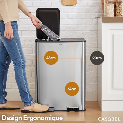 Kitchen Waste Bin 60 L – 2 x 30 Litre, Double Compartments 2 x 30 L, Brushed Stainless Steel, Rectangular Recycling Bin with Pedals, Anti-Smell, French Company