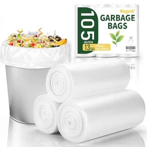 Image of Magesh 12-13 Gallon Trash Bag Strong, Leakage-Free, Medium Garbage Bags Unscented Thick for Office, Kitchen Small Trash Can, 80L, 105 Bags, Clear